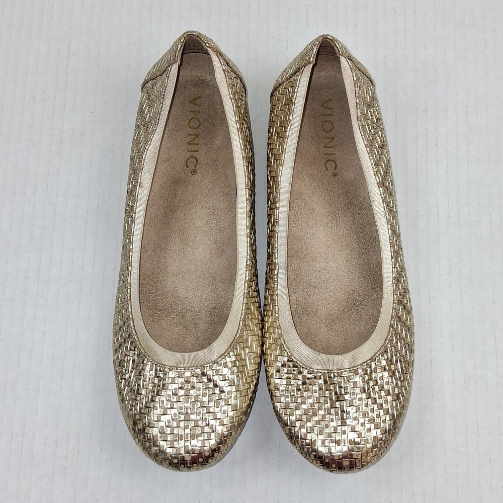 Vionic Anita Gold Woven Leather Slip On Comfort Ballet Flats